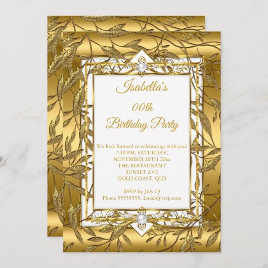 金ゴールドホワイトパールダマスクフローラ誕生日パーティー 招待状 (正面/裏面)