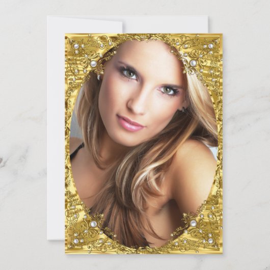 金ゴールドホワイトパールティアラフォトバースデーパーティー 招待状 (裏面)