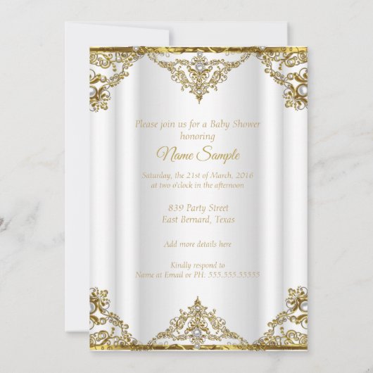 金ゴールドホワイトパールプリンセスベビーシャワーエスニック 招待状 (裏面)