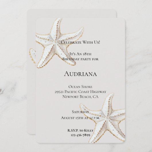 金ゴールドホワイトヒトスターフィッシュクリーム誕生日 招待状 (正面/裏面)