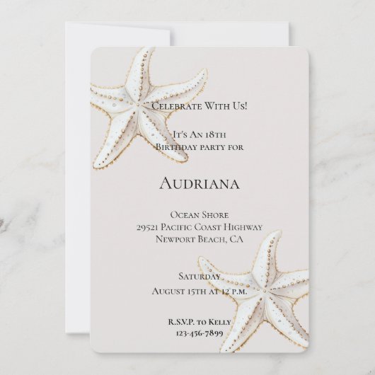 金ゴールドホワイトヒトスターフィッシュクリーム誕生日 招待状 (正面)