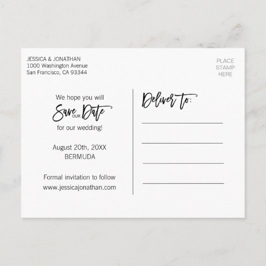 金ゴールドホワイトビーチ宛先ウェディング日付を保存 案内ポストカード (裏面)