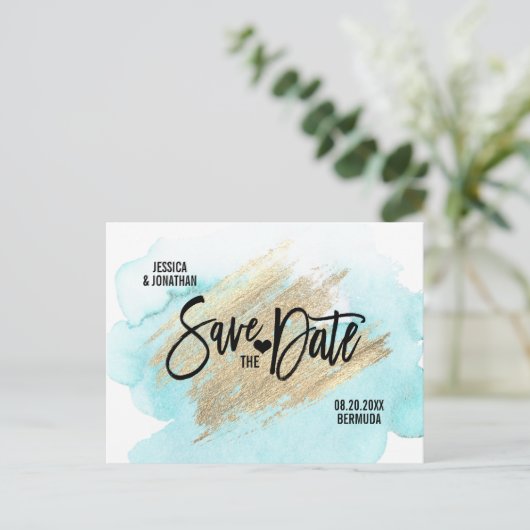 金ゴールドホワイトビーチ宛先ウェディング日付を保存 案内ポストカード (スタンド正面)