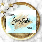 金ゴールドホワイトビーチ宛先ウェディング日付を保存 案内ポストカード