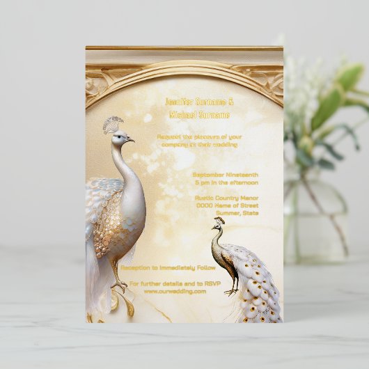 金ゴールドホワイトピーコクエレガント実在 箔招待状 (立ち正面)