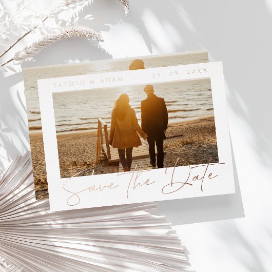 金ゴールドホワイトフォトウェディング日付保存バラ 箔招待状