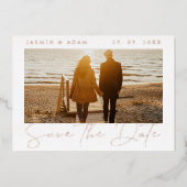 金ゴールドホワイトフォトウェディング日付保存バラ 箔招待状 (正面)