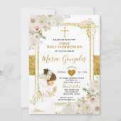 金ゴールドホワイトフラワーガールファースト聖餐式 招待状 (正面)