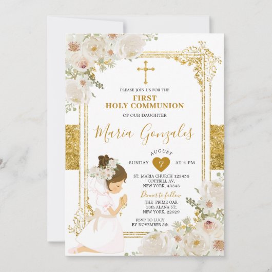 金ゴールドホワイトフラワーガールファースト聖餐式 招待状 (正面)