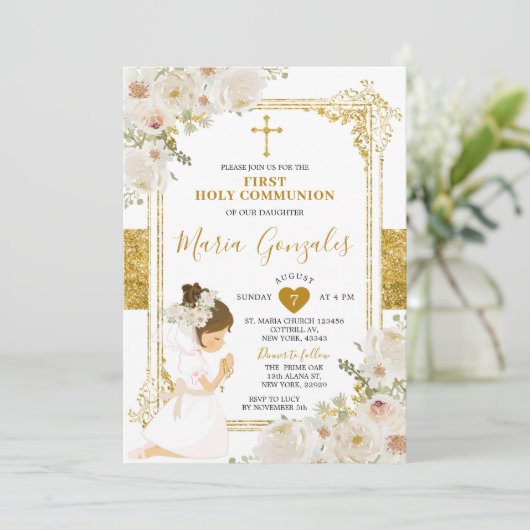 金ゴールドホワイトフラワーガールファースト聖餐式 招待状 (スタンド正面)