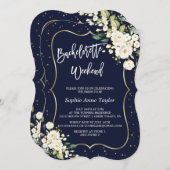 金ゴールドホワイトフローラネイビーバチェロレッテ週末 招待状 (正面/裏面)