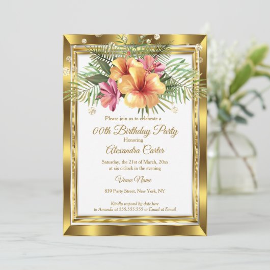 金ゴールドホワイトフローラハイビスカスバースデーパーティー 招待状 (スタンド正面)