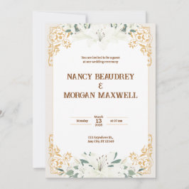 金ゴールドホワイトフローラ水彩イラストレーション結婚ズ 招待状