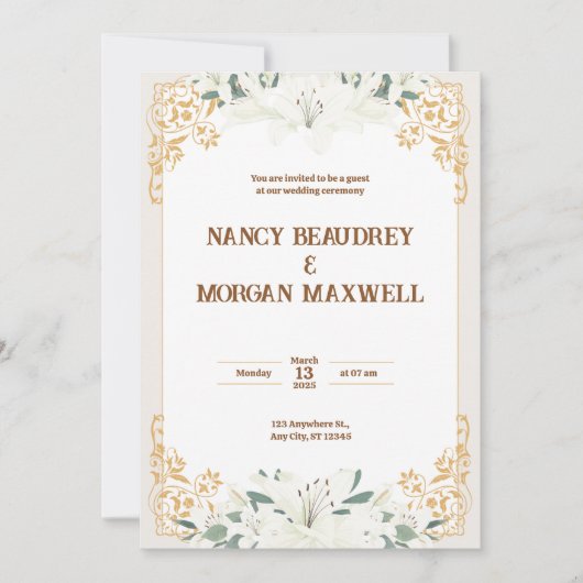 金ゴールドホワイトフローラ水彩イラストレーション結婚ズ 招待状 (正面)