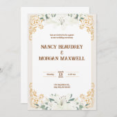 金ゴールドホワイトフローラ水彩イラストレーション結婚ズ 招待状 (正面/裏面)
