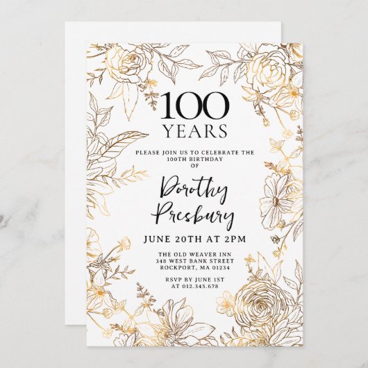 金ゴールドホワイトフローラ100th誕生日パーティー 招待状 (正面/裏面)