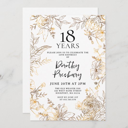 金ゴールドホワイトフローラ18th誕生日パーティーへの招待 招待状 (正面/裏面)
