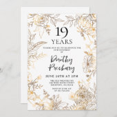 金ゴールドホワイトフローラ19th Birthday Partyへの招待 招待状 (正面/裏面)