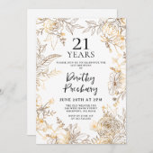 金ゴールドホワイトフローラ21歳パーティの招待状 招待状 (正面/裏面)