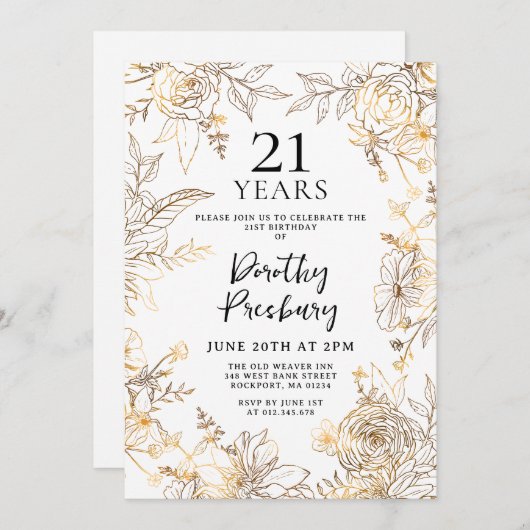 金ゴールドホワイトフローラ21歳パーティの招待状 招待状 (正面/裏面)