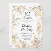 金ゴールドホワイトフローラ30th誕生日パーティの招待状 招待状 (正面/裏面)