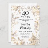 金ゴールドホワイトフローラ40th誕生日パーティの招待状 招待状 (正面/裏面)