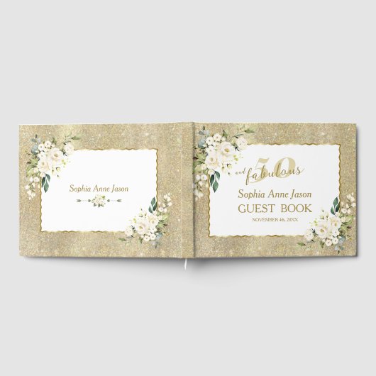 金ゴールドホワイトフローラ50と素晴らしい誕生日パーティー ゲストブック (全面)
