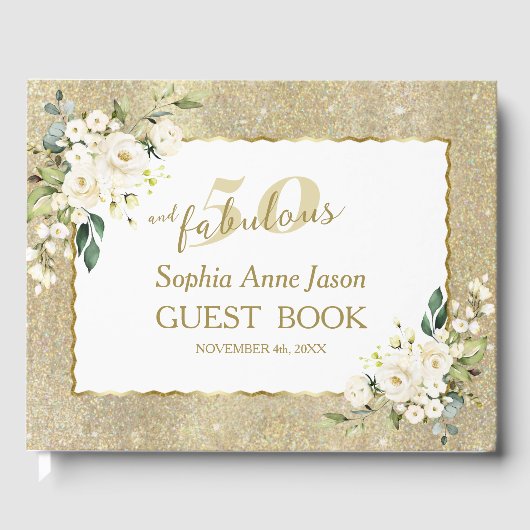 金ゴールドホワイトフローラ50と素晴らしい誕生日パーティー ゲストブック (正面)