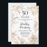 金ゴールドホワイトフローラ50th Birthday Partyへの招待 招待状<br><div class="desc">エレガント金ゴールドラインアートのバラと離れ詳細は、あなたの50歳の誕生日パーティーのを取り囲む。</div>