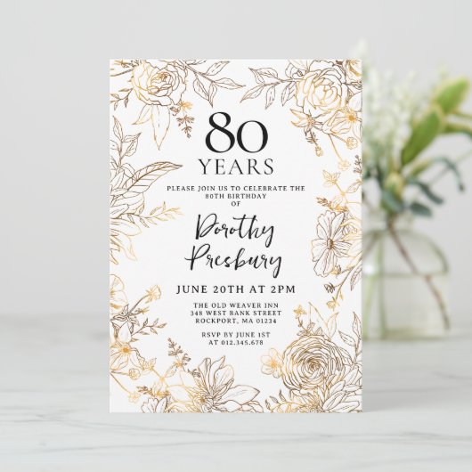金ゴールドホワイトフローラ80th誕生日パーティー 招待状 (スタンド正面)