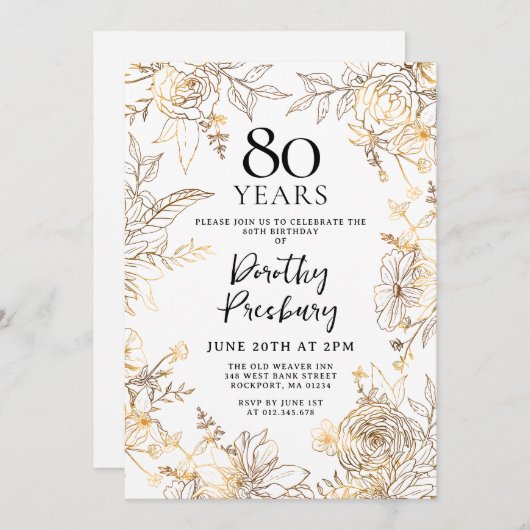 金ゴールドホワイトフローラ80th誕生日パーティー 招待状 (正面/裏面)