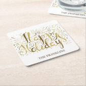 金ゴールドホワイトブラシスクリプトハッピーホリデーズクリスマス スクエアペーパーコースター (アングル)