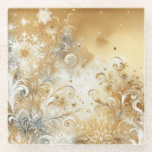 金ゴールドホワイトブルーファンシーの冬の雪 ガラスコースター (正面)