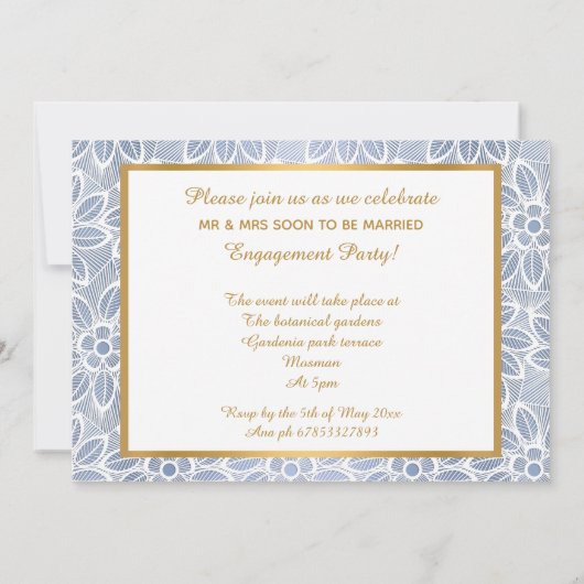 金ゴールドホワイトブルーレースヴィンテージ婚約パーティ 招待状 (裏面)