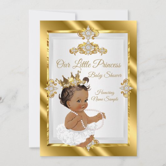 金ゴールドホワイトプリンセスベビーシャワーエスニック 招待状 (正面)