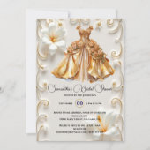 金ゴールドホワイトボールガウン花嫁になるブライダルシャワー 招待状 (正面)