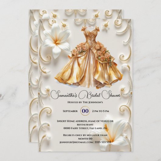 金ゴールドホワイトボールガウン花嫁になるブライダルシャワー 招待状 (正面/裏面)