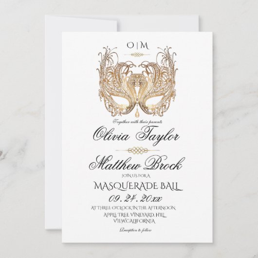 金ゴールドホワイトマスカレーデ結婚ー 招待状 (正面)