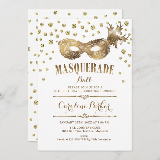 金ゴールドホワイトマスカレーボール誕生日パーティー 招待状 (正面/裏面)