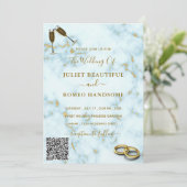 金ゴールドホワイトマーブル結婚式招待状とQRコード (スタンド正面)