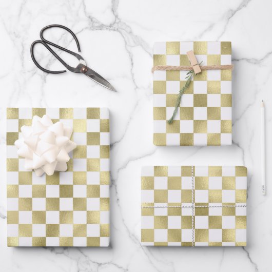金ゴールドホワイトメタリック正方形パターン背景 ラッピングペーパーシート (正面)