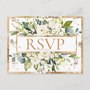 金ゴールドホワイトモノグラムフローラ結婚式RSVP ポストカード