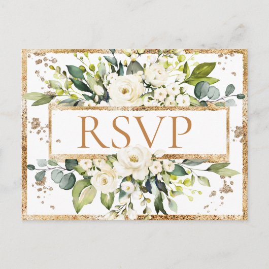 金ゴールドホワイトモノグラムフローラ結婚式RSVP ポストカード (正面)