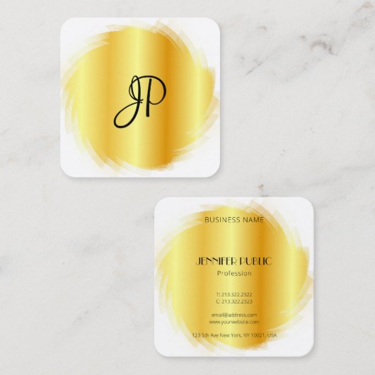 金ゴールドホワイトラグジュアリーモダンモノグラエレガントムテンプレート スクエア名刺 (正面/裏面)