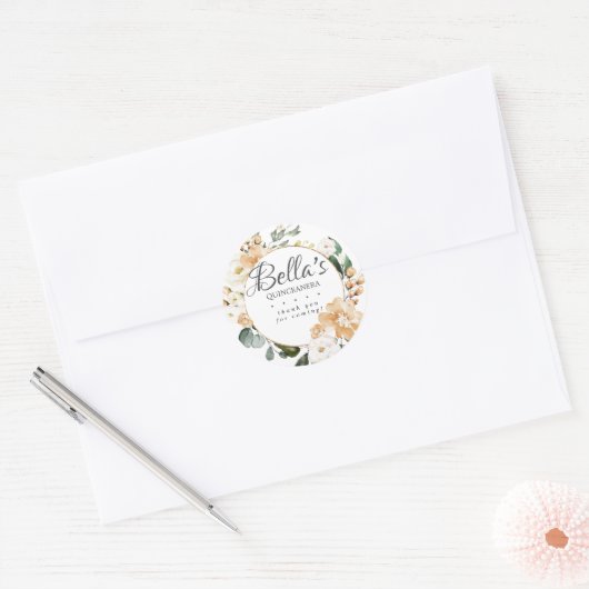 金ゴールドホワイトローズフローラキンセアニェラありがとう ラウンドシール (封筒)