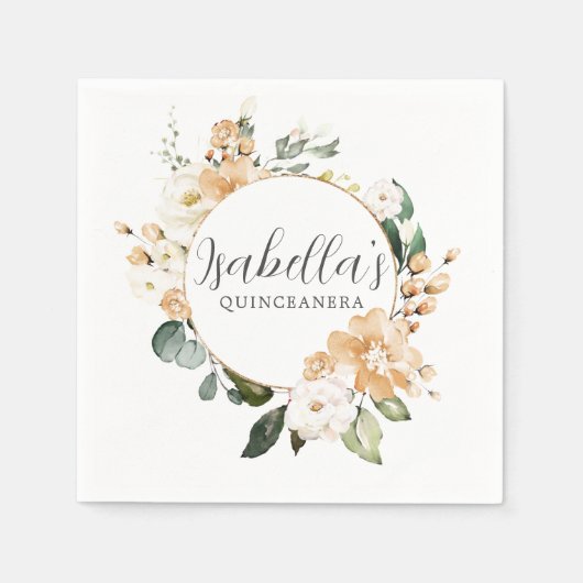 金ゴールドホワイトローズフローラパーソナライズされたキンセアニェラ スタンダードカクテルナプキン (正面)