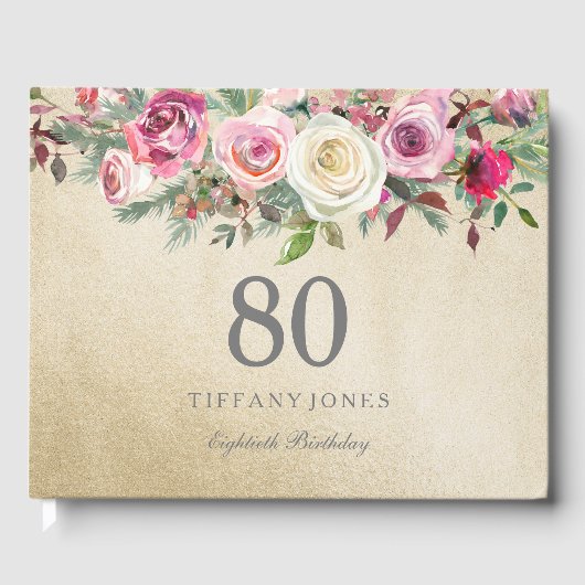 金ゴールドホワイトローズフローラ80th誕生日ゲストブック ゲストブック (正面)