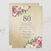 金ゴールドホワイトローズ女性80thバースデーパーティー招待状 招待状 (正面/裏面)