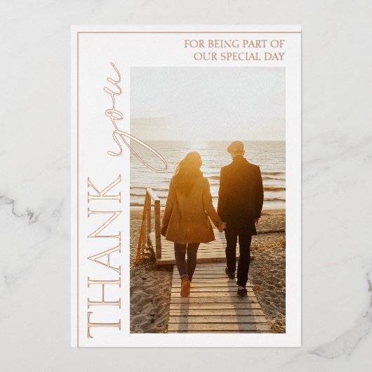 金ゴールドホワイト写真結婚のサンキューバラ 箔招待状 (正面)