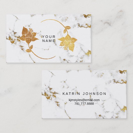 金ゴールドホワイト抽象芸術マーブルストーン花模様 名刺 (正面/裏面)